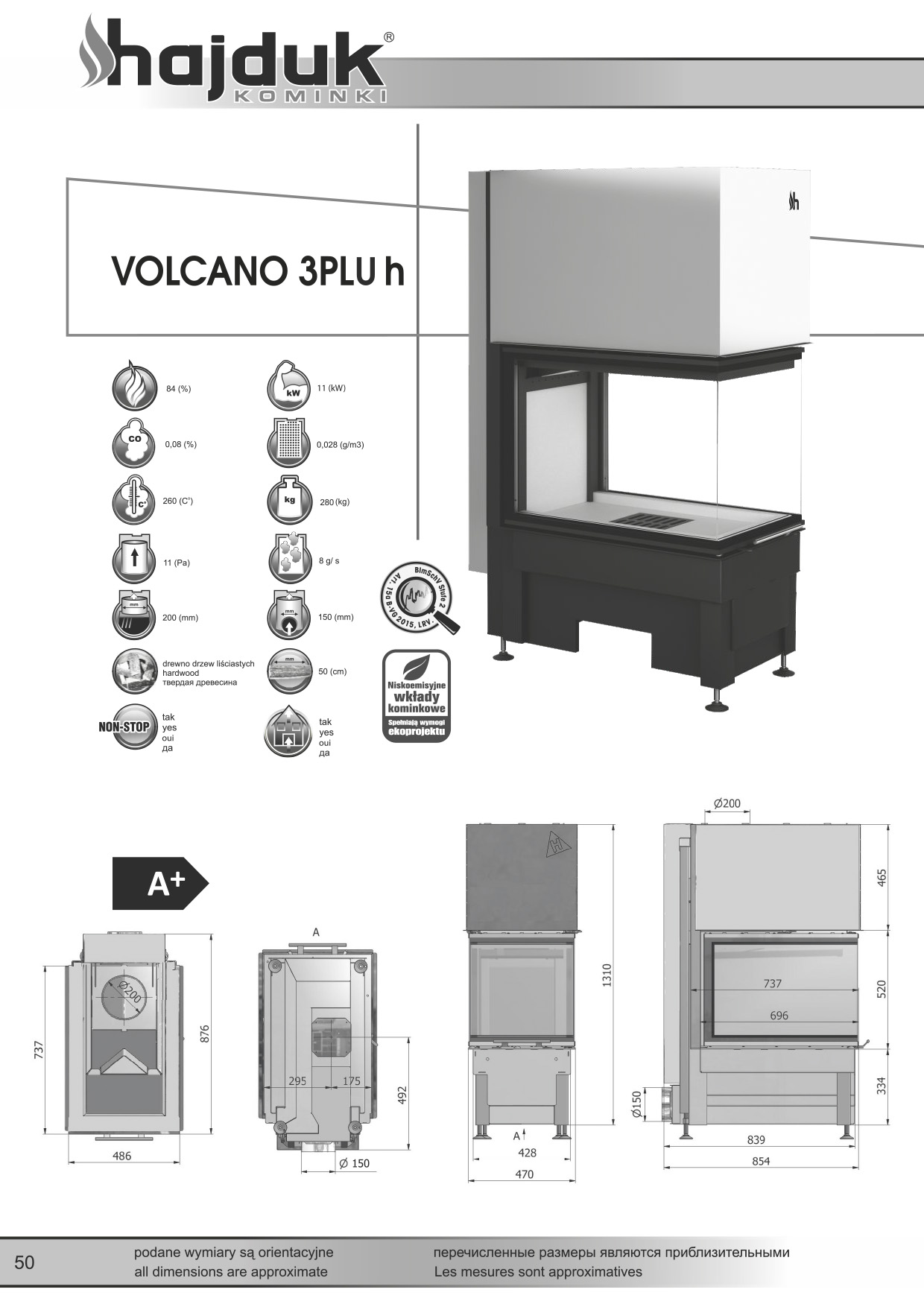 Volcano%203PLUh%20 %20karta%20techniczna - Wkład kominkowy Hajduk Volcano 3PLUh